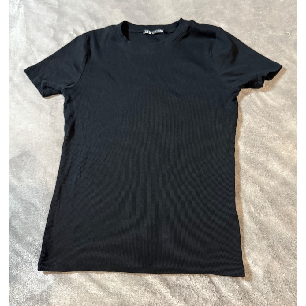 Zara Women Black Short Sleeve Ribbed Shirt Size Medium Basics Crew Neck